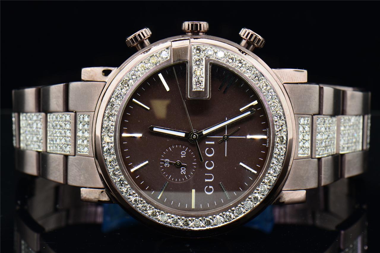 Mens Custom Diamond Gucci Ya101341 Brown PVD Metal Band Chrono Watch 6
