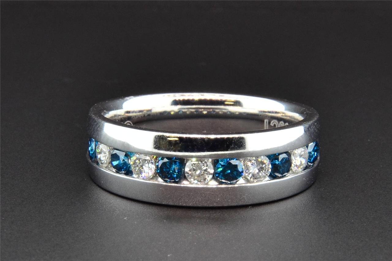 Blue Diamond Wedding Band 10K White Gold Round Cut Mens