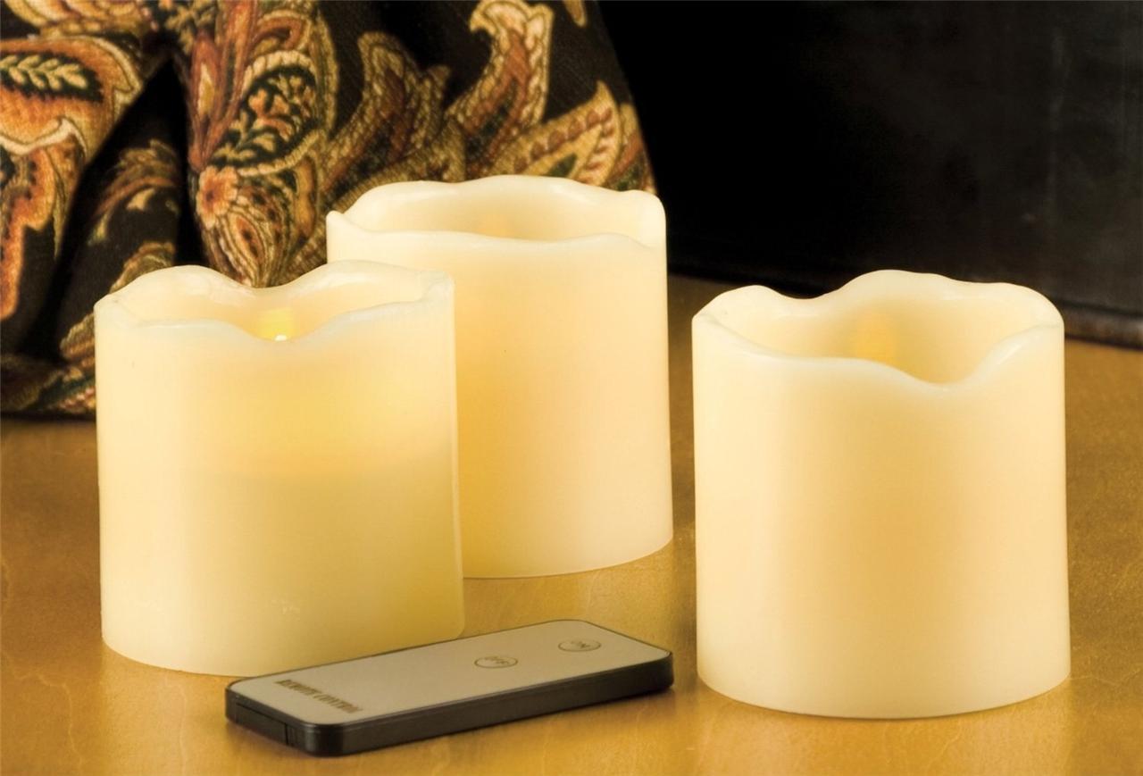 REMOTE CONTROL/CONTROLLED FLAMELESS WAX PILLAR CANDLES x 3BATTERY