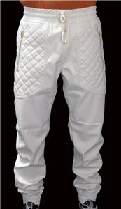 New Mens Off-White PU Faux Leather Joggers Quilted Zipper Pockets w ...