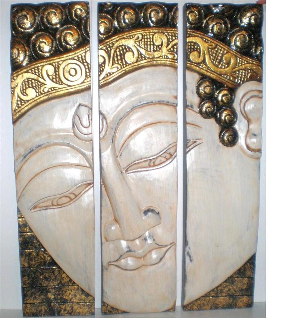 Bali 3 PCE Buddha Face Wood Carving Wall ART Hanging Panel White
