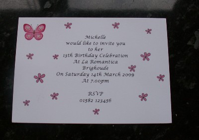 Birthday Party Invitation Wording on 10 Personalised 13th Birthday Party Invites Butterfly   Ebay