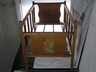 Vintage Wooden Brown Baby Doll Crib Rabbit Bird Design On Popscreen