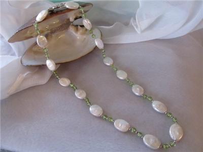 Peridot  Pearl Jewelry on Co  Iridesse Oval Coin Pearl   Peridot Sterling Silver Necklace   Ebay