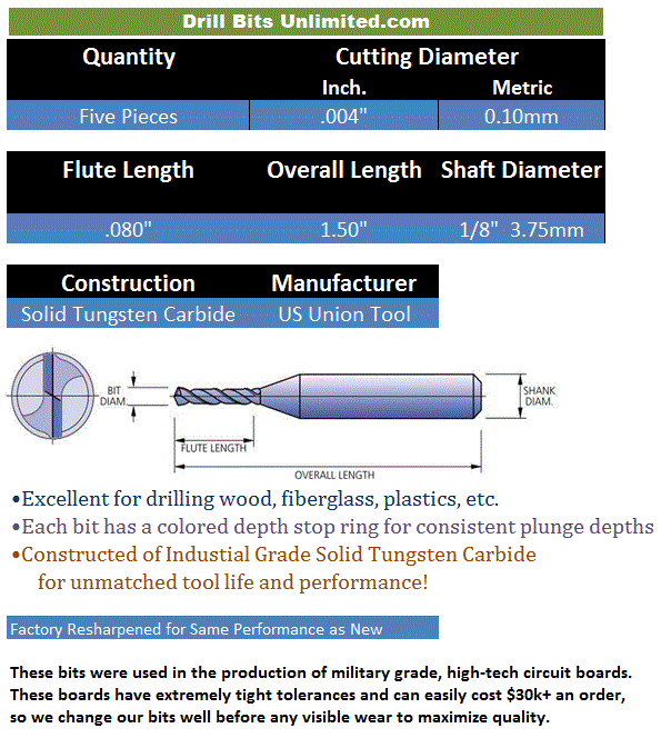 FIVE PCS 0.10mm .004" Carbide Drill Bits Resharpened Drill Bits