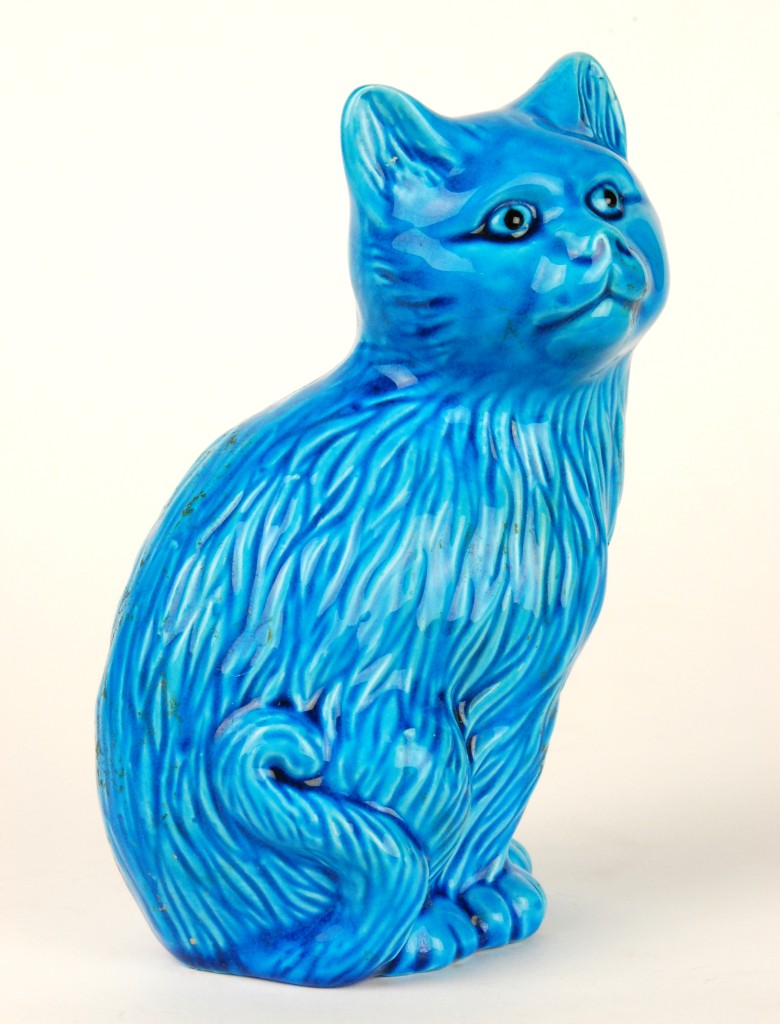 BLUE CERAMIC CAT Turquoise Chinese Porcelain Kitty Lg L