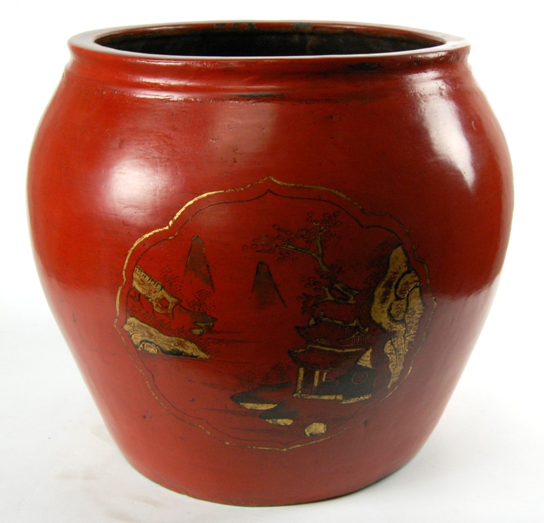 ANTIQUE RED LACQUER CERAMIC POT PLANTER Chinese Jar G eBay