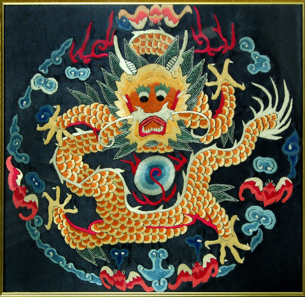 CHINESE GREEN DRAGON FRAMED SILK EMBROIDERY Wall Art