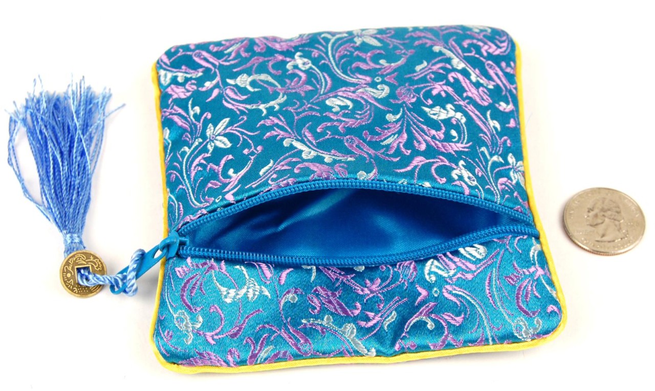 Chinese Silk Brocade Blue Vine Coin Pouch Zipper Feng Shui Purse Travel