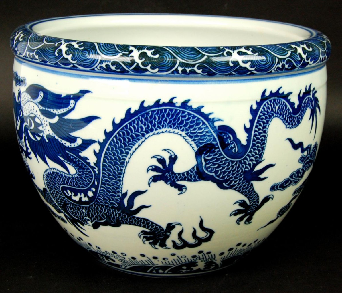 CERAMIC BLUE WHITE DRAGON POT Planter Bowl Dish Asian Chinese Porcelain