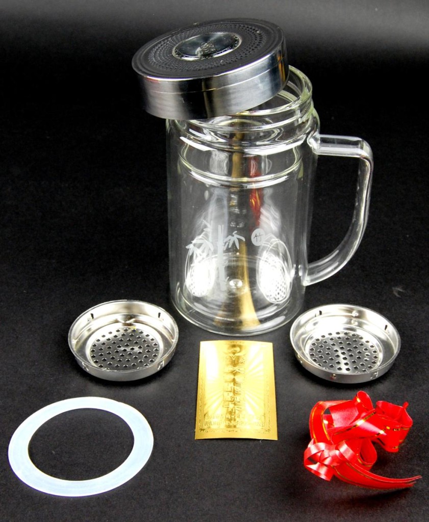 Insulated Glass Tea Thermos 9oz Bamboo Travel Mug Infuser Strainer