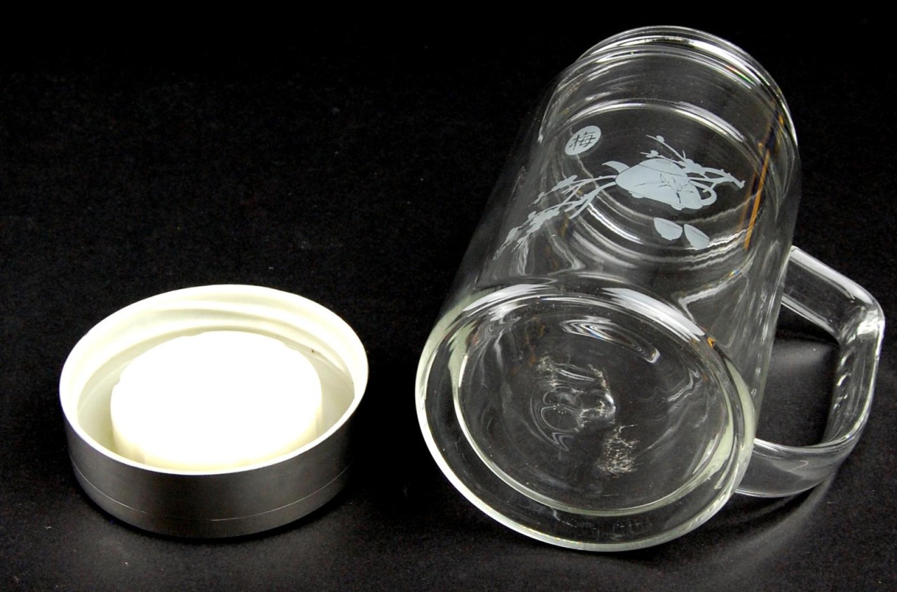 INSULATED GLASS TEA THERMOS 9 oz Tea Pot Design Infuser Mug Handle Tumbler