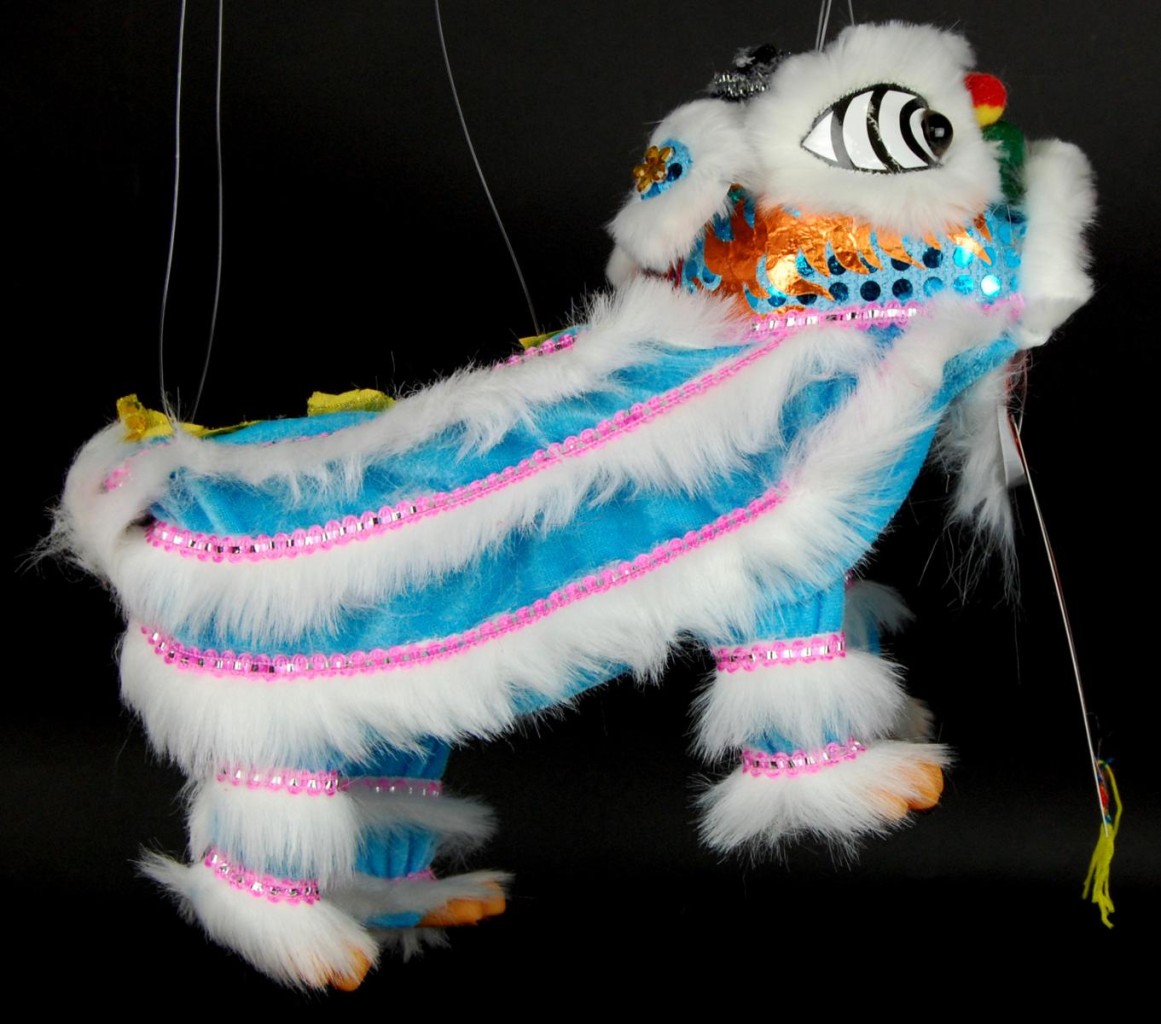 LION PUPPET BLUE WHITE Chinese New Year Dance Toy Play Foo Dog Fu