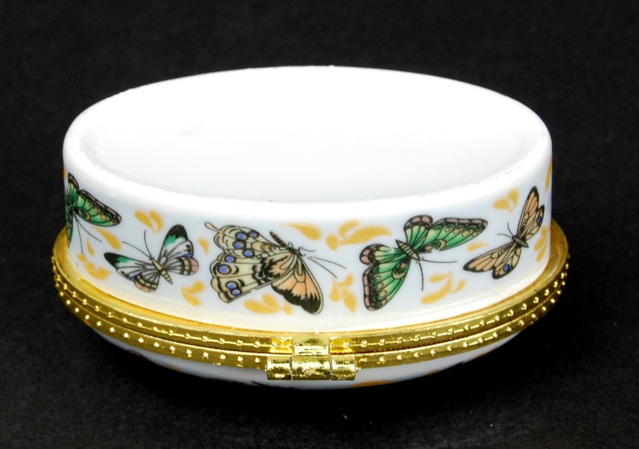 Ceramic Pill Box Oval Butterfly Gift Travel Trinket Keepsake Hinged Jar