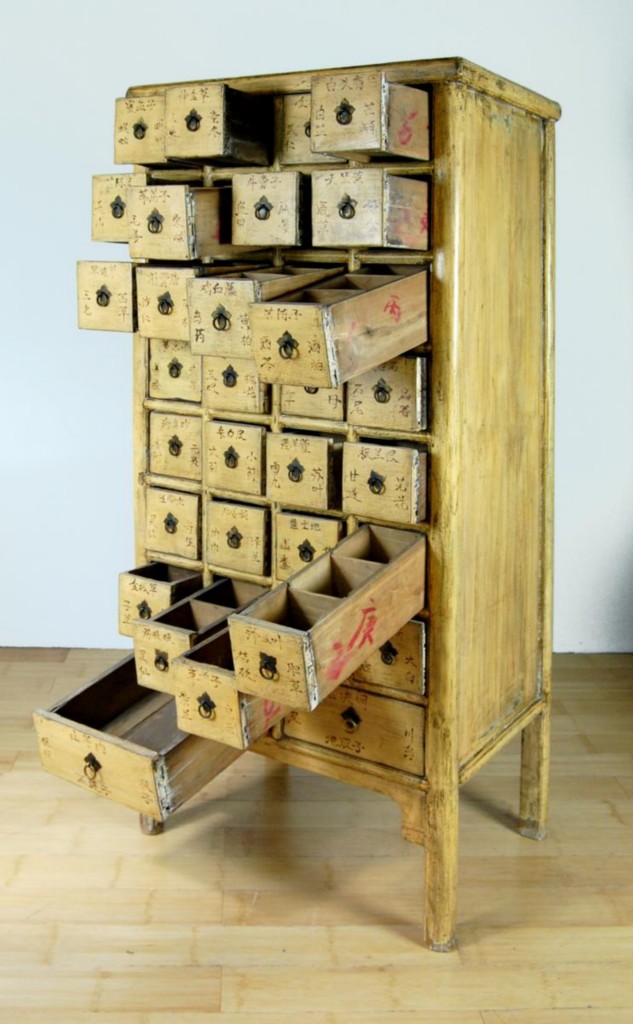 Antique Yellow Apothecary 28 Drawer Chinese Herb Chest Storage