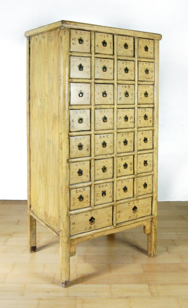 Antique Yellow Apothecary 28 Drawer Chinese Herb Chest Storage