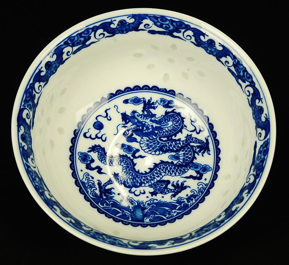 Chinese Ceramic Blue White Dragon Bowl Dish Rice Pattern Asian Saucer