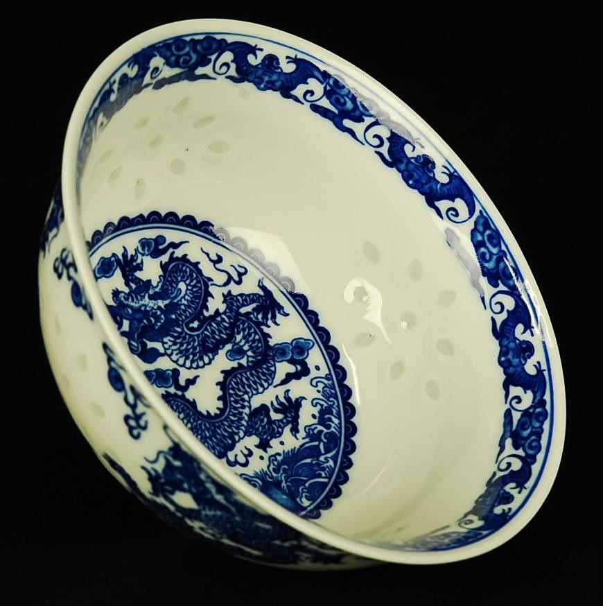 Chinese Ceramic Blue White Dragon Bowl Dish Rice Pattern Asian Saucer