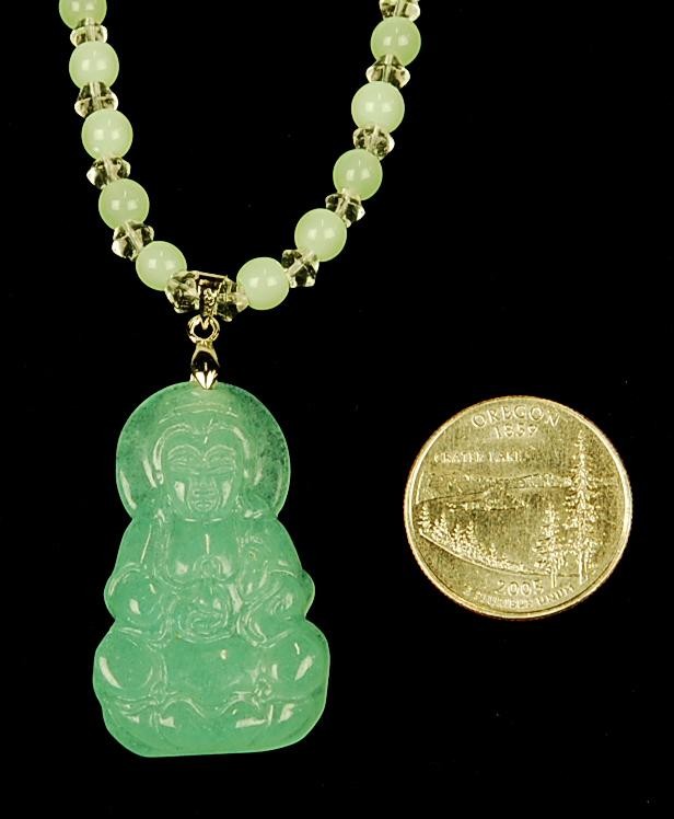Chinese Carved Light Green Jade Kwan Yin Necklace Guanyin Jewelry