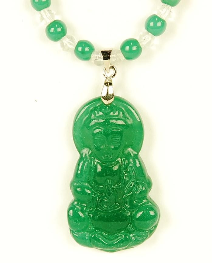 Chinese Carved Green Jade Kwan Yin Necklace Pendant Guanyin Jewelry