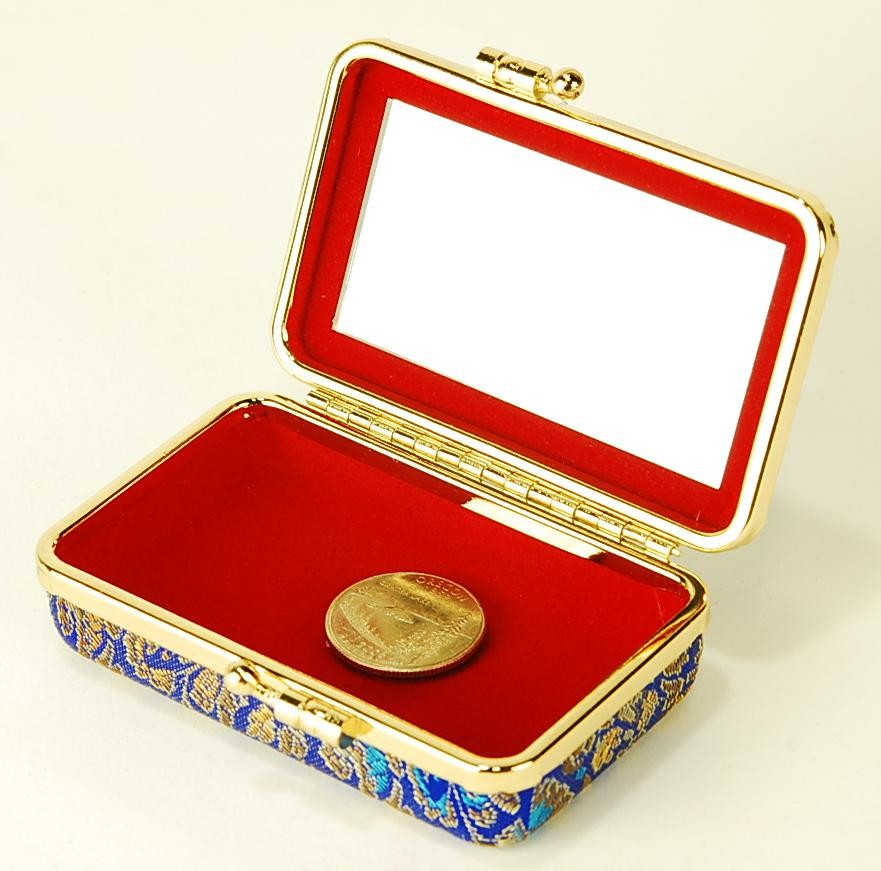 Silk Brocade Blue Gold Travel Case Accessory Jewelry Box w/ Mirror