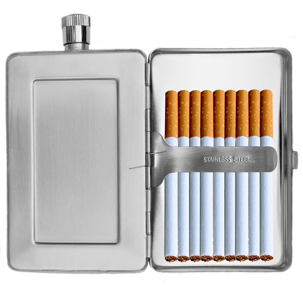 Stainless Steel Hip Flask and Cigarette Wallet Case Combination FREE