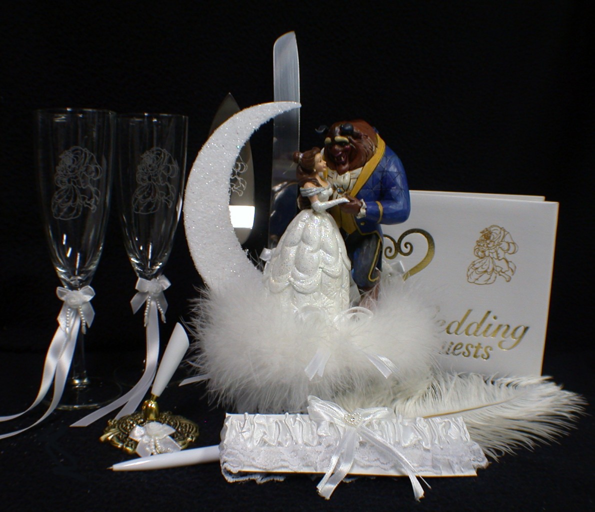 DISNEY Beauty & the Beast Wedding Cake Topper LOT Glasses