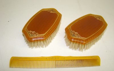 Karat Gold on Vintage Pyramid 22 Karat Gold Decorated Amber Tone Dresser Set Near