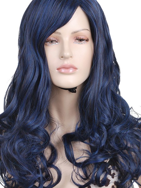 KW455 60cm Long Blue Black Curly Cosplay Full Wigs | eBay