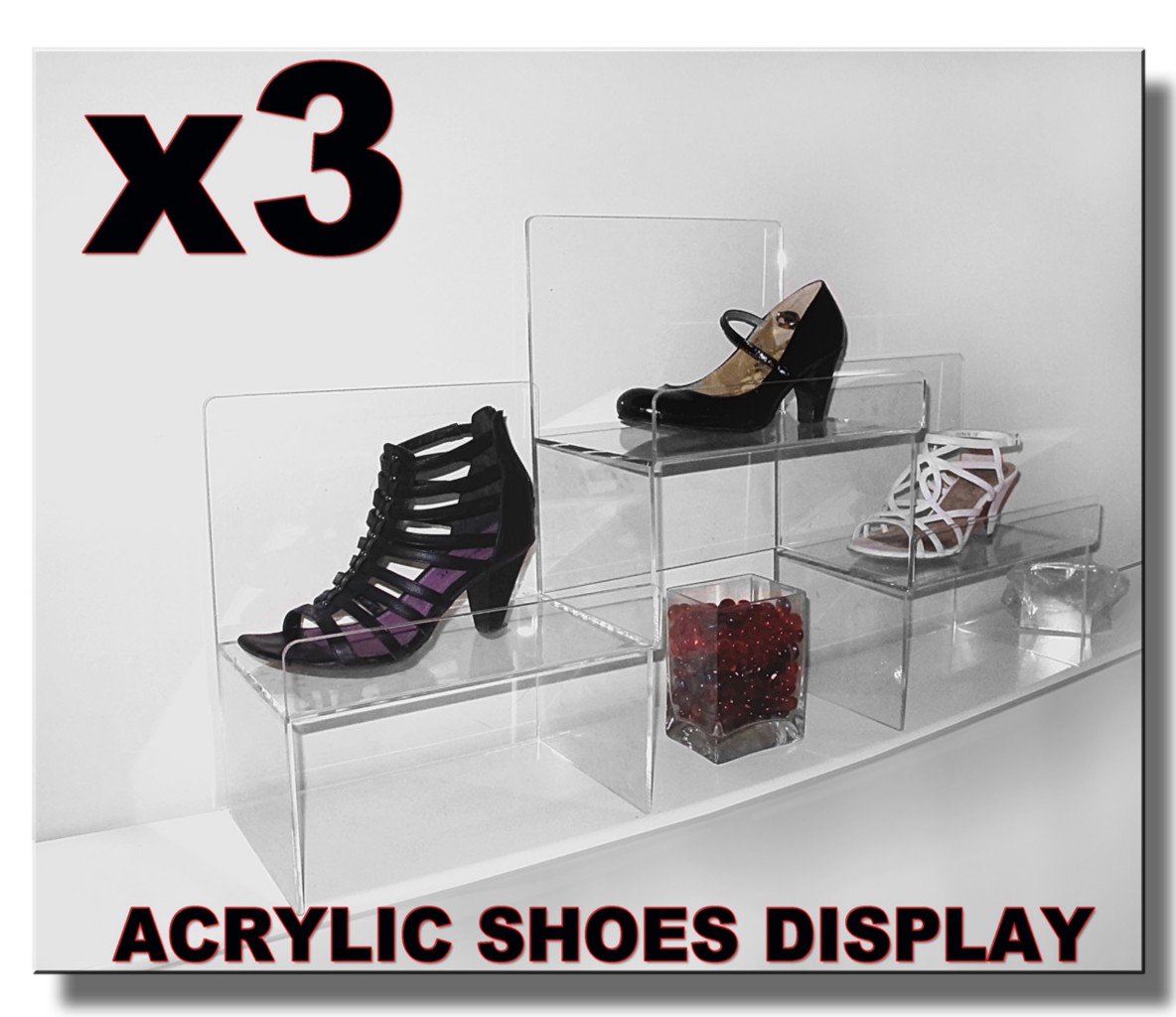 retail clear ACRYLIC DISPLAY SHOE SHOP STAND stackable SHELF/FLOOR FREE