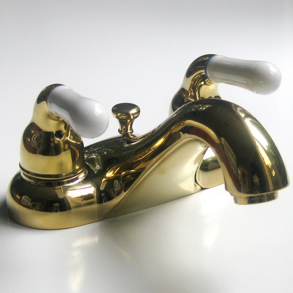 Polished Brass 4" Centerset Bathroom Faucet White Ceramic Handles