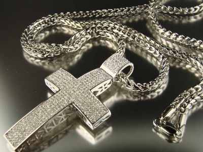 WHITE GOLD FINISH DOMED MENS CZ MICRO PAVE CROSS+CHAIN