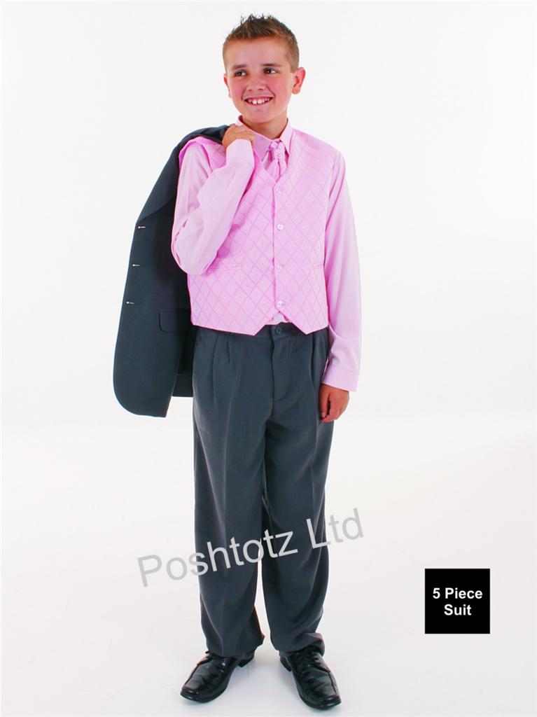 boys 5 piece grey & pink suit wedding pageboy christening (0-3m