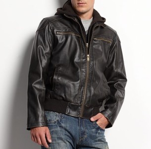 jacket hood guess leather motorcycle mens detachable faux brown