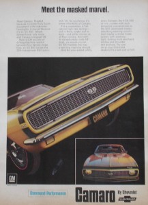 1967 CAMARO SS 350 AD YELLOW BLACK STRIPE