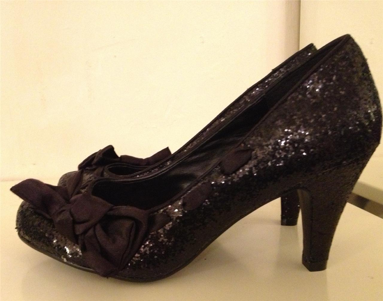 WIZARD OF OZ * DOROTHY * BLACK SPARKLY GLITTER RIBBON BOW COURT SHOES