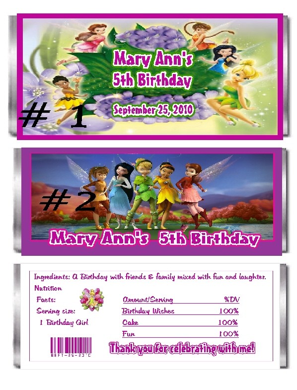 10 PERSONALIZED TINKERBELL/FAIRIES CANDY BAR WRAPPERS