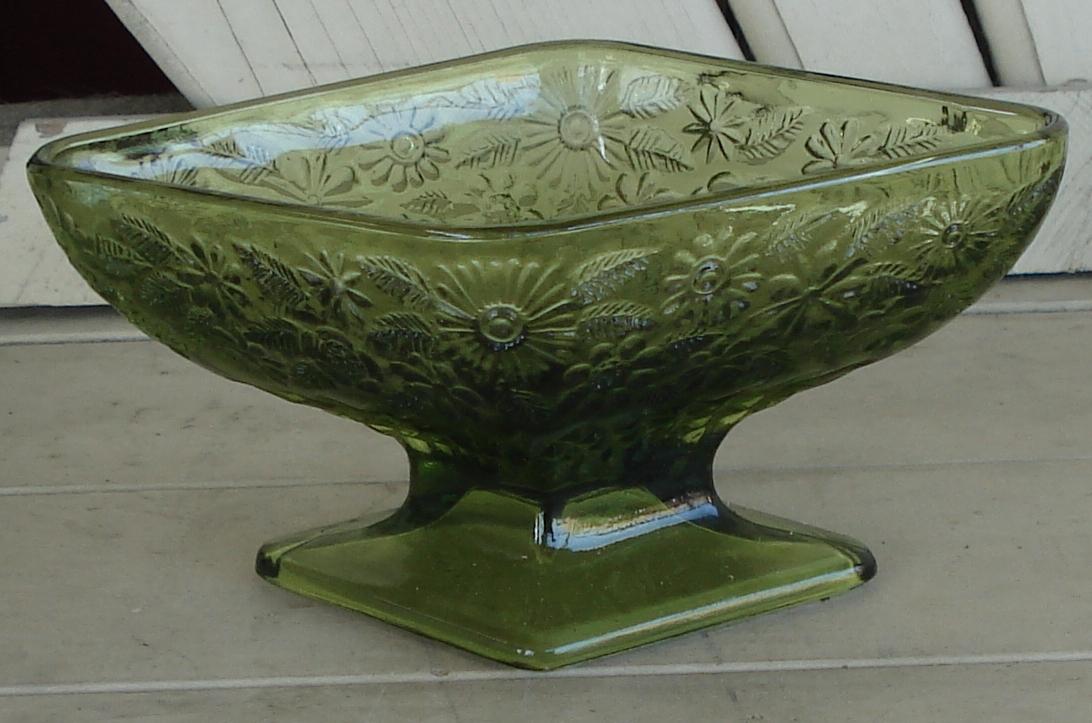 Nice Vintage Pressed Glass Avocado Green Footed Relish Dish, VERY GOOD