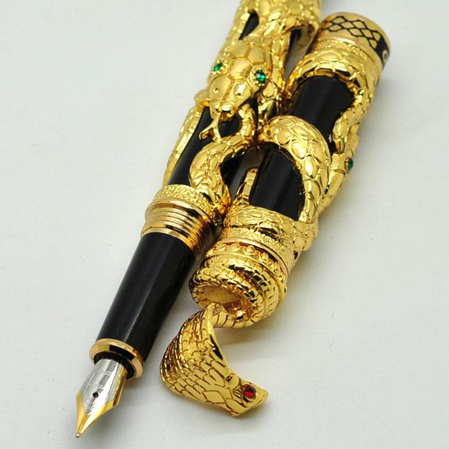 FOUNTAIN PEN JINHAO 18KGP MEDIUM NIB 3D SNAKE COBRA GOLD BLACK JJ423
