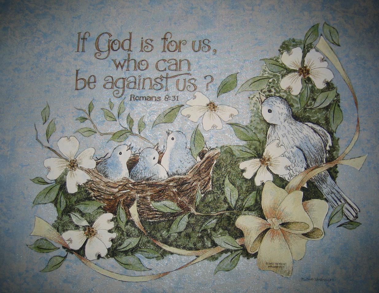 IF GOD Is FOR US Dove Birds Bird Nest Sky Blue Christian Fabric Quilt