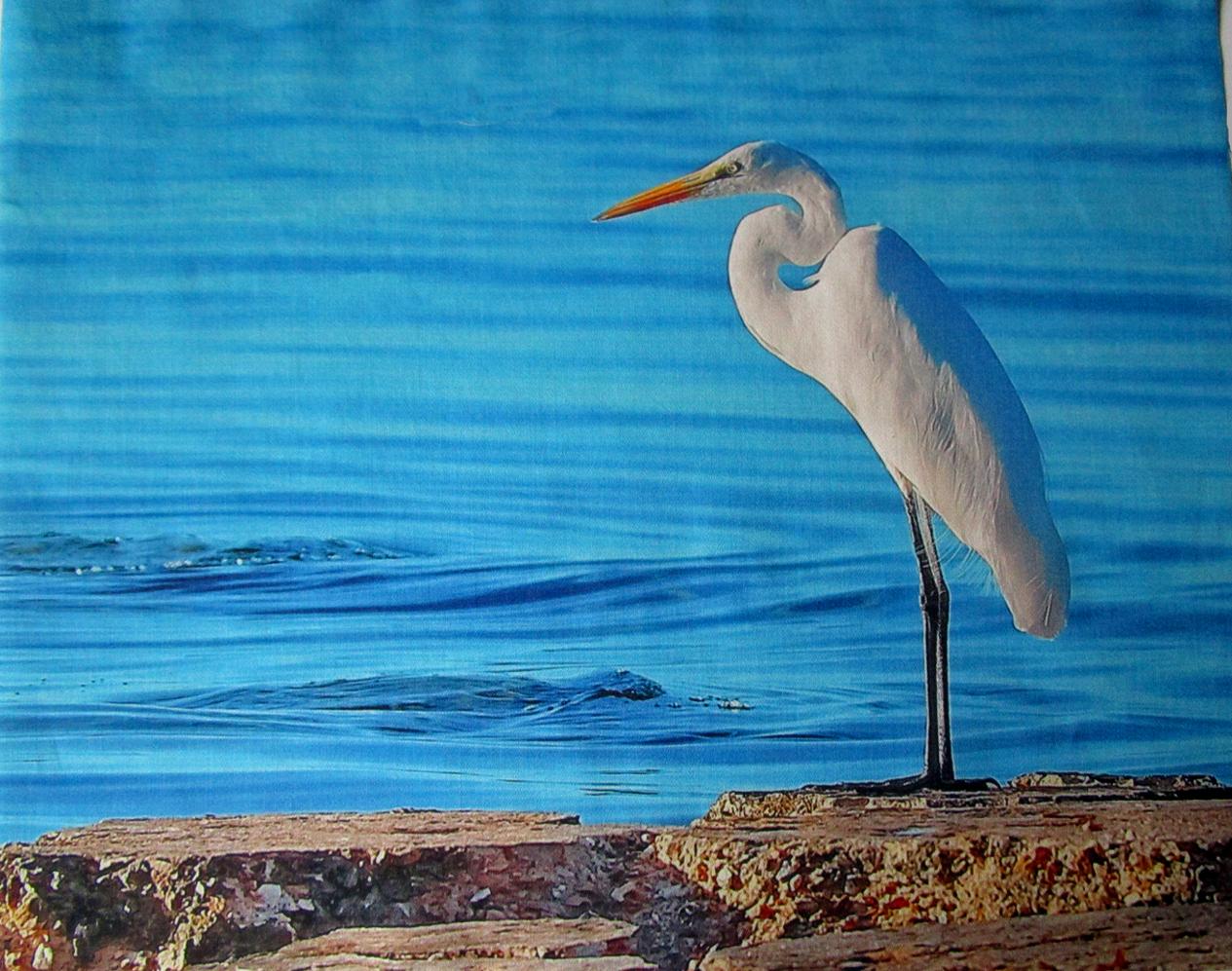 Great White HERON Fabric Quilt Panel Bird Fishing Lookout Shoreline