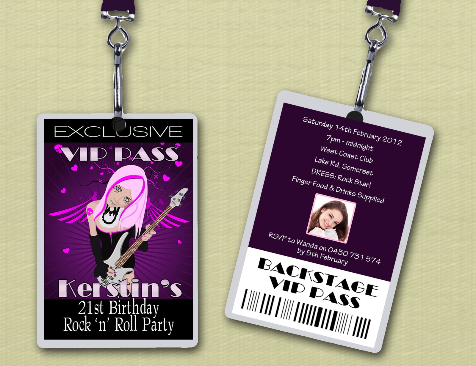 Personalised Rock And Roll Vip Lanyard Birthday Invitations X 10 On