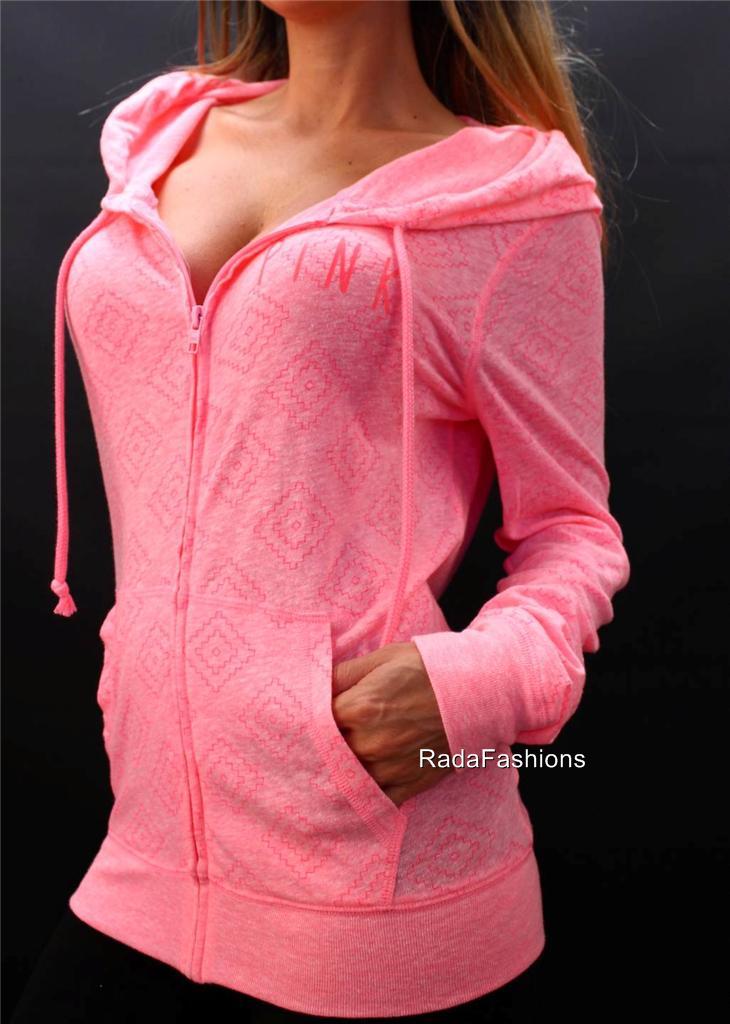 Victoria's Secret Love PINK Lightweight Tunic Neon Zip Up Logo Hoodie Sweatshirt