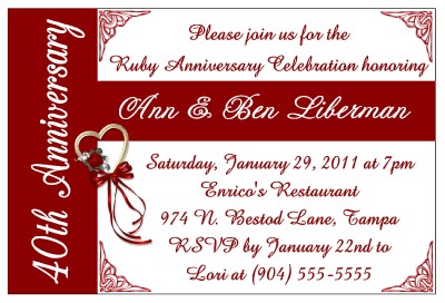 Latset Happy 40th Wedding Anniversary Party Invitations Decoration Ruby 40th Wedding Anniversary 5x7 Invitation