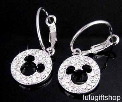 ... MOUSE WHITE GOLD PLATED HOOP DANGLE EARRINGS USE SWAROVSKI CRYSTAL