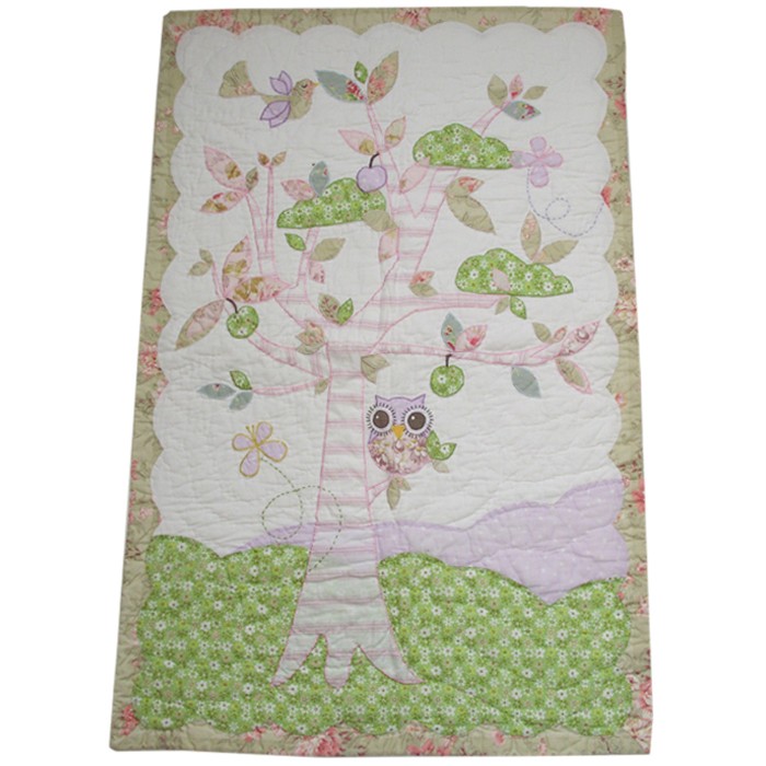 BABY GIRLS COT/COT BED QUILT PATCHWORK TREE, BIRDS & OWL WITH FLORAL