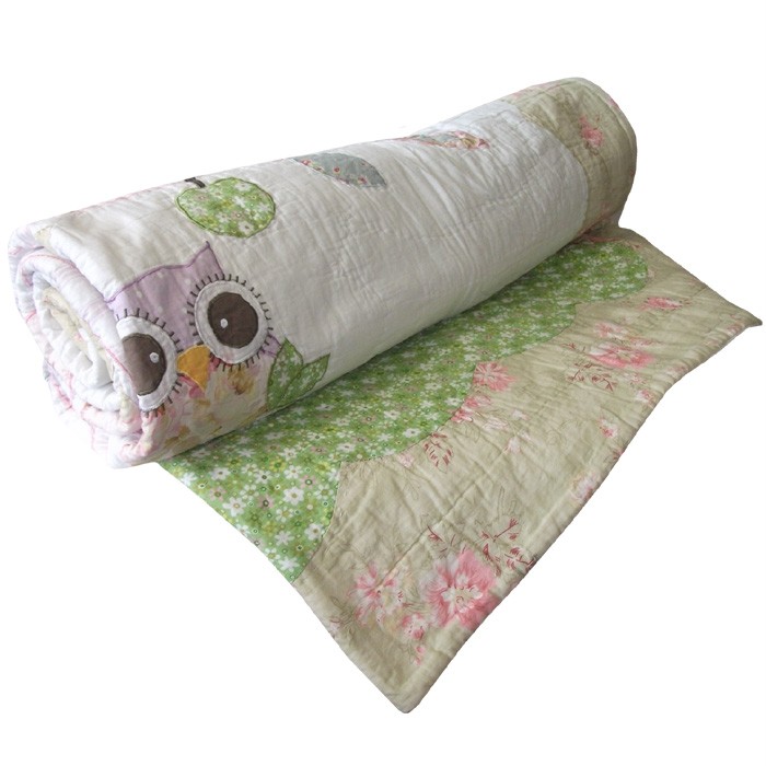 BABY GIRLS COT/COT BED QUILT PATCHWORK TREE, BIRDS & OWL WITH FLORAL