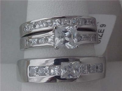    Wedding Ring Sets on His Her Hers Princess Wedding Engagement 3 Ring Set