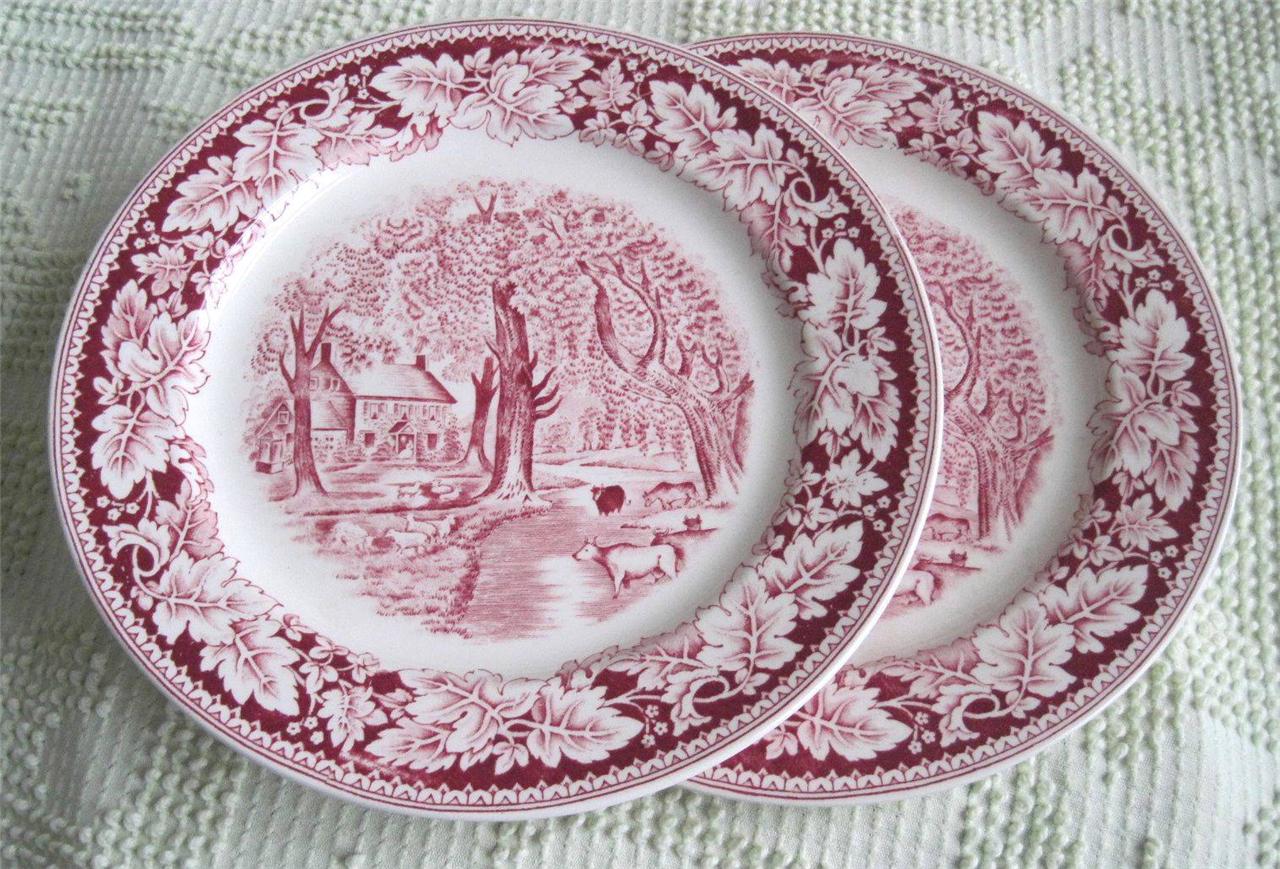 Two Homer Laughlin Currier and Ives Prints Red Transfer Ware 10" Dinner Plates eBay