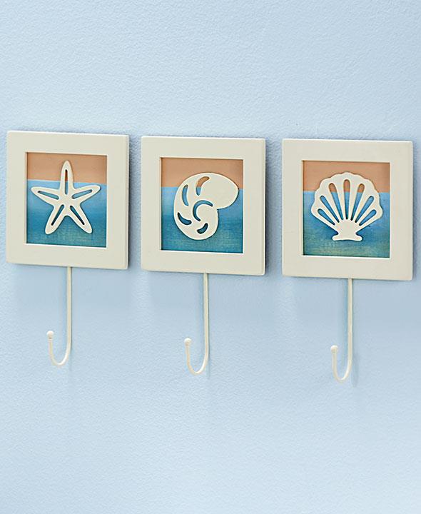 New 3 Pc Seaside Wall Hooks Seashells Beach Coastal Bathroom Towel Rack Hanger eBay